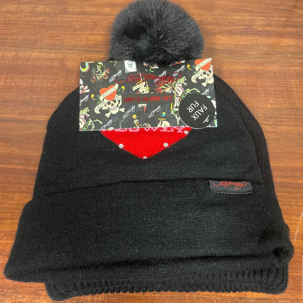 Ed Hardy 2 Pack Faux fur Beanie with Pom Set BLACK